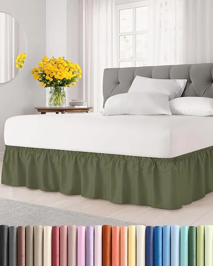 Durable Wrap Around Dust Ruffle Bed Skirt - Sage Green - for Twin Size Beds w 14 Inch Drop - Easy Fit Elastic Strap - Adjustable Pleated Bedskirt with Brushed Fabric Wrinkle Women Men Kids and Teens World-Class