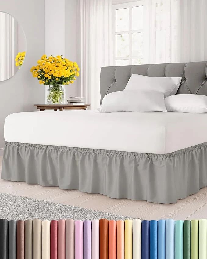 Solid Wrap Around Dust Ruffle Bed Skirt - Light Grey - for Queen Size Beds with 12 Inch Drop - Elastic Strap - Adjustable Pleated Bedskirt with Brushed Fabric and Wrinkle - For Women Men Kids amp Teens Trusted