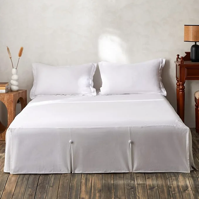 Artisan BISELINA French Linen Bed Skirt Split Corner with Button 14-Inch Tailored Drop Natural Flax Cotton Blend Basic Dust Ruffle Soft Cozy 14 quot King Button White Reliable