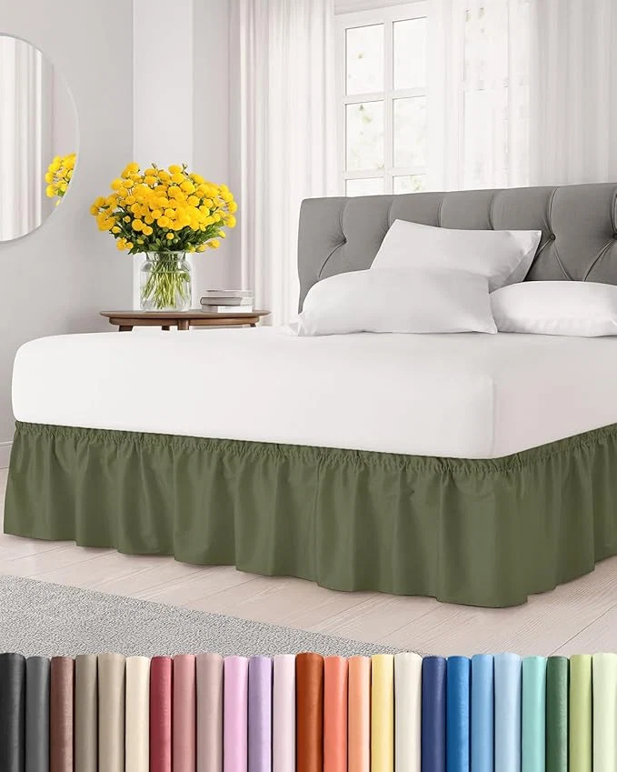 Pure Wrap Around Dust Ruffle Bed Skirt - Sage Green - for Full Size Beds with 15 Inch Drop - Elastic Strap - Adjustable Pleated Bedskirt with Brushed Fabric and Wrinkle - for Women Men Kids amp Teens Fine