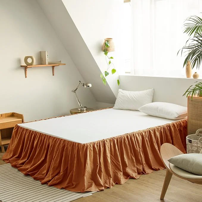 Premium Material BISELINA French Linen Bed Skirt with Pleated Frills 22-Inch Tailored Drop Natural Flax Cotton Blend Dust Ruffle Soft Cozy Farmhouse Bedding 22 quot Queen Rust High-Quality