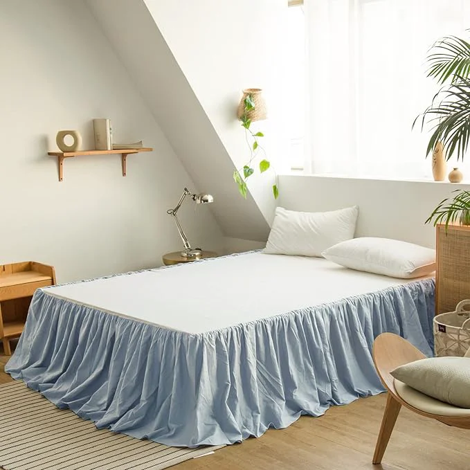 BISELINA French Linen Bed Skirt with Pleated Frills 22-Inch Tailored Drop Natural Flax Cotton Blend Dust Ruffle Soft Cozy Farmhouse Bedding 22 quot King Dusty Blue Pure