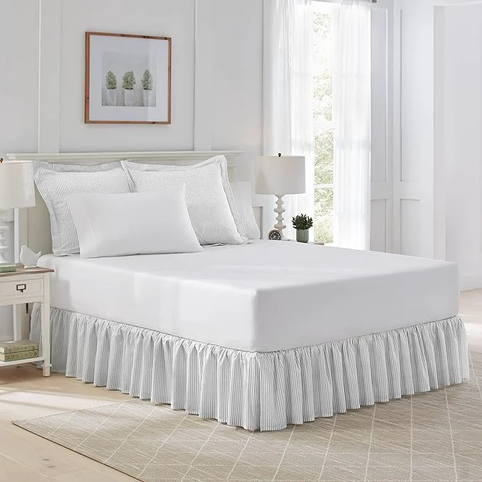 Exceptional Laura Ashley Home - Cotton Ruffled Bedskirt Lightweight amp Classic Style Ticking Stripe Grey King