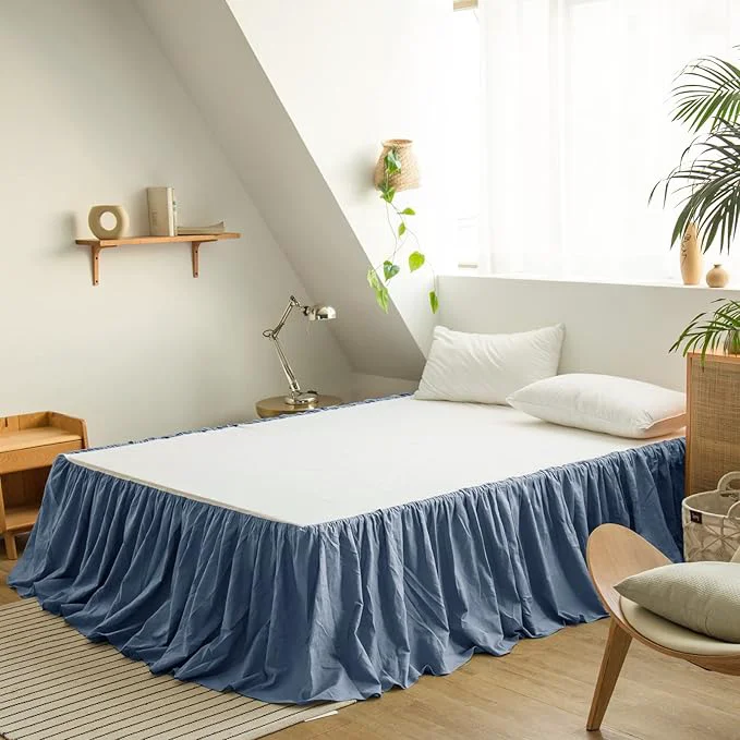 High-Grade BISELINA French Linen Bed Skirt with Pleated Frills 14-Inch Tailored Drop Natural Flax Cotton Blend Dust Ruffle Soft Cozy Farmhouse Bedding 14 quot Twin Navy Blue Contemporary