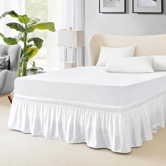 Comfortable FreshCulture Elastic Wrap Around Bed Skirt - Easy Fit with 22-Inch Tailored Drop Hotel Quality Dust Ruffle for Full Size Bed White Verified