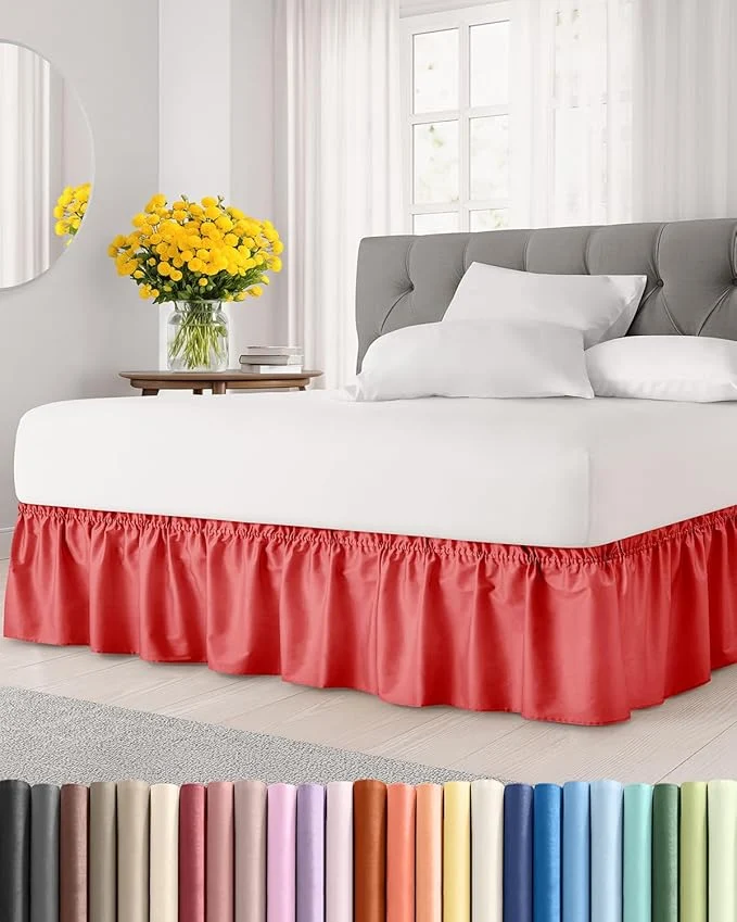 Trendy Wrap Around Dust Ruffle Bed Skirt - Red - for King Size Beds with 15 Inch Drop - Easy Fit Elastic Strap - Adjustable Pleated Bedskirt w Brushed Fabric - Wrinkle - for Women Men Kids amp Teens Classic