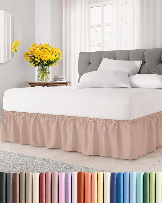 Convenient Wrap Around Dust Ruffle Bed Skirt - Mauve - for King Size Beds w 15 Inch Drop - Easy Fit Elastic Strap - Adjustable Pleated Bedskirt w Brushed Fabric - Wrinkle - for Women Men Kids amp Teens User-Friendly