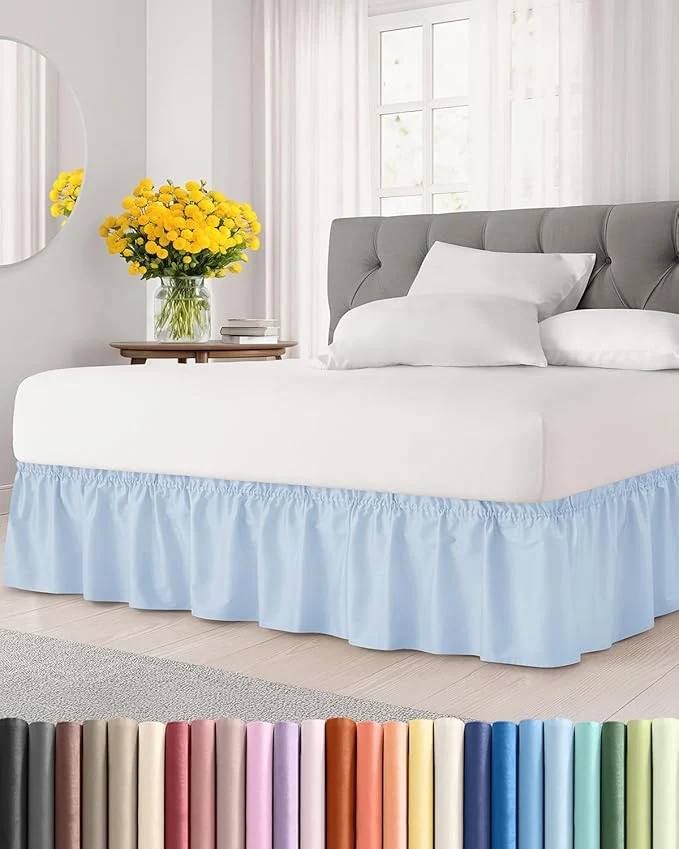 Breathable Wrap Around Dust Ruffle Bed Skirt - Sky Blue - for Full Size Beds w 12 Inch Drop - Easy Fit Elastic Strap - Adjustable Pleated Bedskirt w Brushed Fabric - Wrinkle Women Men Kids amp Teens Long-Lasting