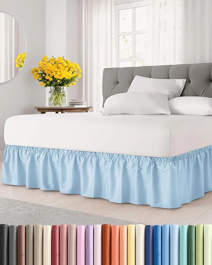 Premium Wrap Around Dust Ruffle Bed Skirt - Light Blue - for Full Size Beds with 21 Inch Drop - Elastic Strap - Adjustable Pleated Bedskirt with Brushed Fabric and Wrinkle - for Women Men Kids amp Teens Exclusive