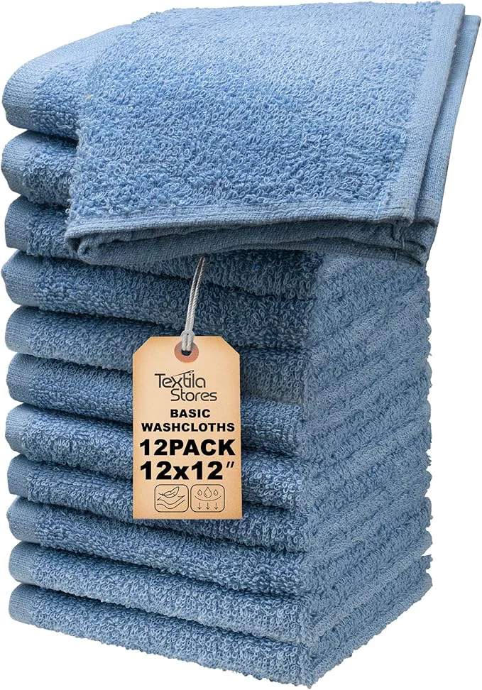 Authentic Basic Wash Cloths 12x12 Inches – Pack of 12 – Blue Color – Soft and Absorbent Verified