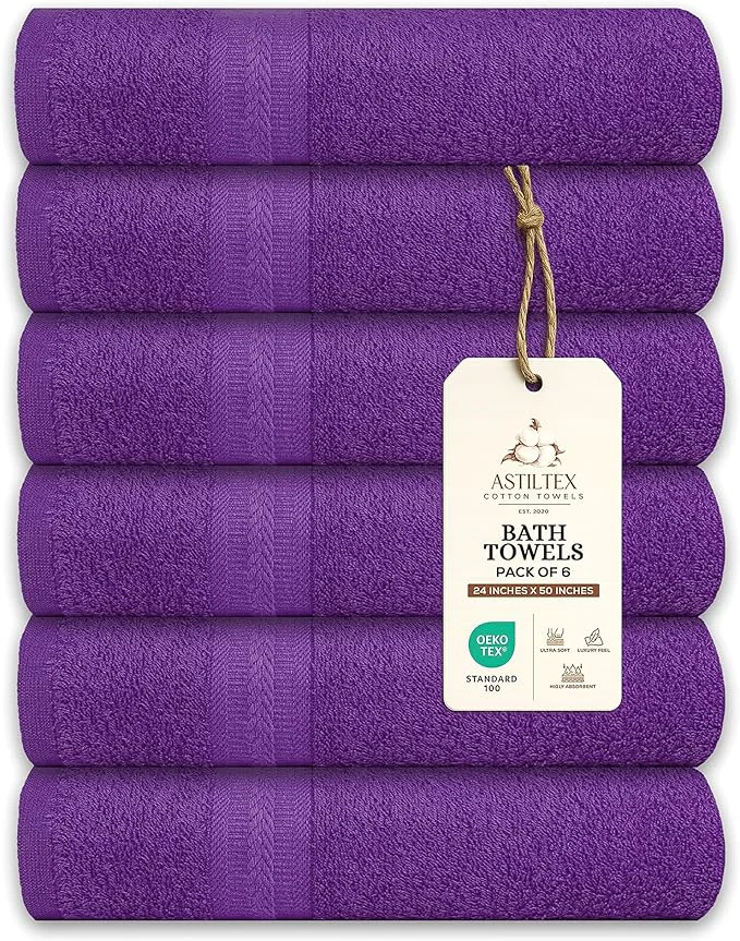 Environmentally Friendly Large Bath Towels Pack of 6 – 24 x 50 Cotton Terry – Soft Quick-Dry Healthy