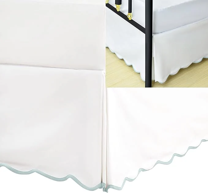 Detailed HIG Queen Bed Skirt - Easy Fit Scallop Edge Pleated Bedskirts With Spilt Coner 12 Inch Drop Anti-Slip Dust Ruffle Thick Fabric for Enhanced Privacy Pre-Washed for Long-Lasting Use Machine Washable Artisan