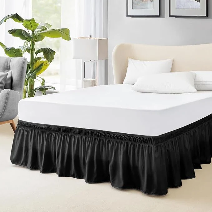 Reliable FreshCulture Elastic Wrap Around Bed Skirt - Easy Fit with 15-Inch Tailored Drop Hotel Quality Dust Ruffle for Full Size Bed Black Flexible