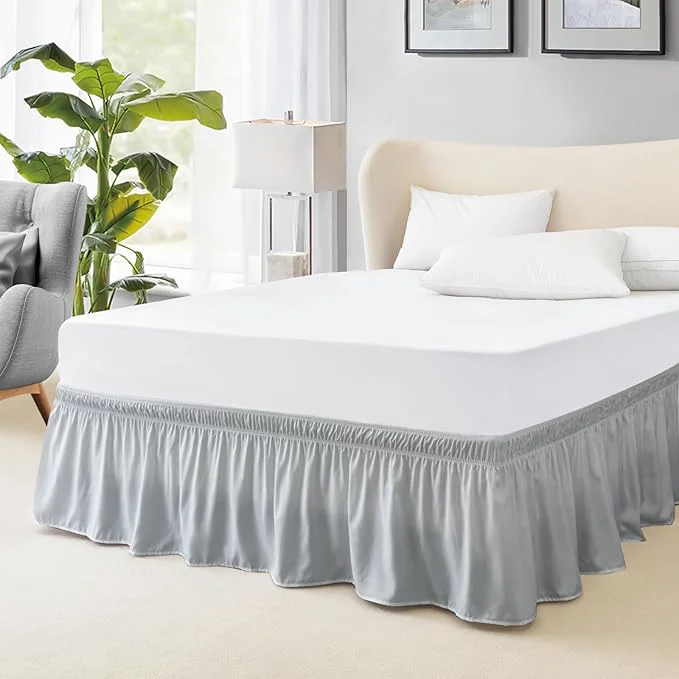 Breathable FreshCulture Elastic Wrap Around Bed Skirt - Easy Fit with 15-Inch Tailored Drop Hotel Quality Dust Ruffle for Full Size Bed Light Grey Unique