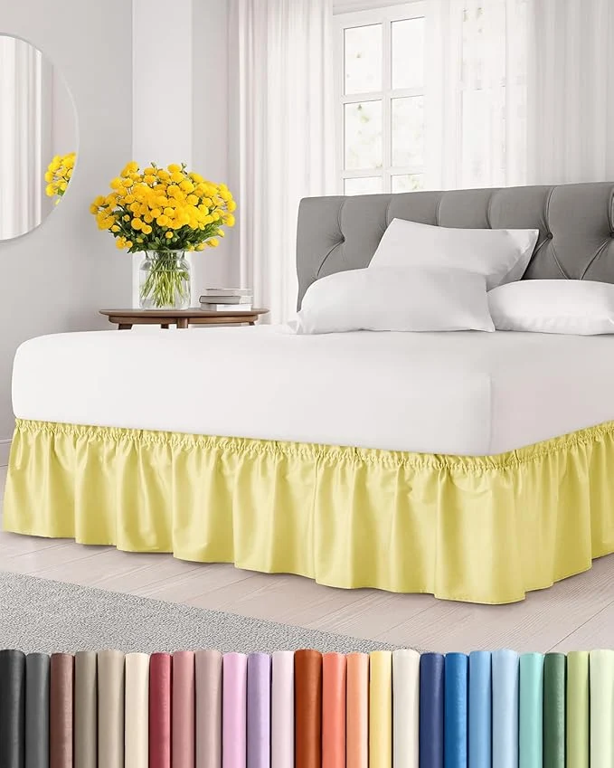 Genuine Wrap Around Dust Ruffle Bed Skirt - Yellow - for Queen Size Beds with 12 Inch Drop - Easy Fit Elastic Strap - Adjustable Pleated Bedskirt w Brushed Fabric Wrinkle - for Women Men Kids amp Teens Superior