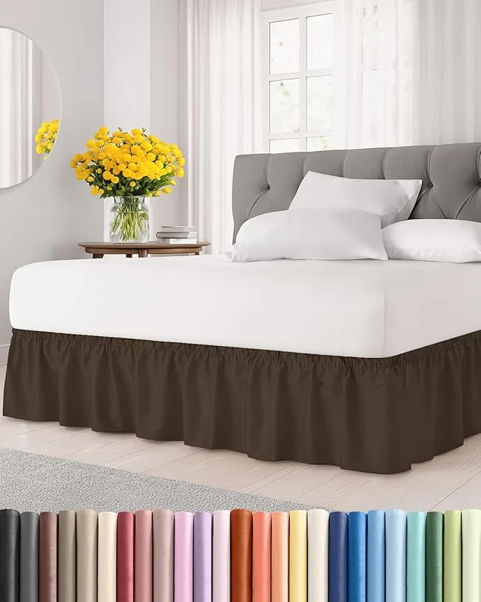 Pure Wrap Around Dust Ruffle Bed Skirt - Brown - for Queen Size Beds with 18 Inch Drop - Easy Fit Elastic Strap - Adjustable Pleated Bedskirt w Brushed Fabric - Wrinkle - for Women Men Kids amp Teens Advanced