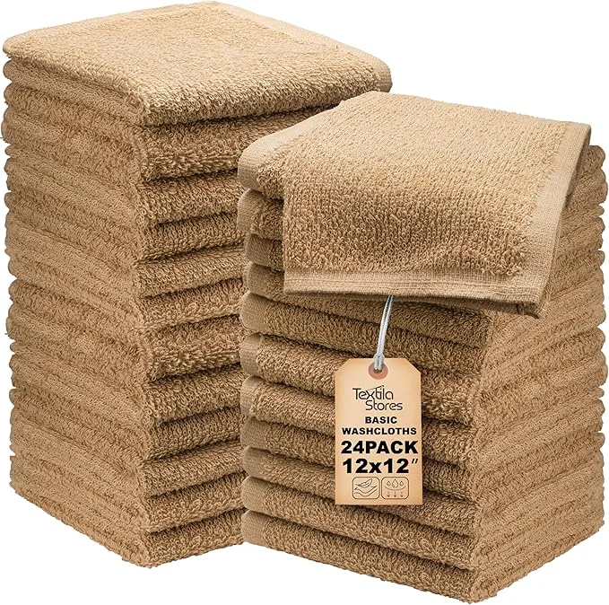 High-End Basic Wash Cloths 12x12 Inches – Bulk Pack of 24 – Beige Color – Soft and Comfortable