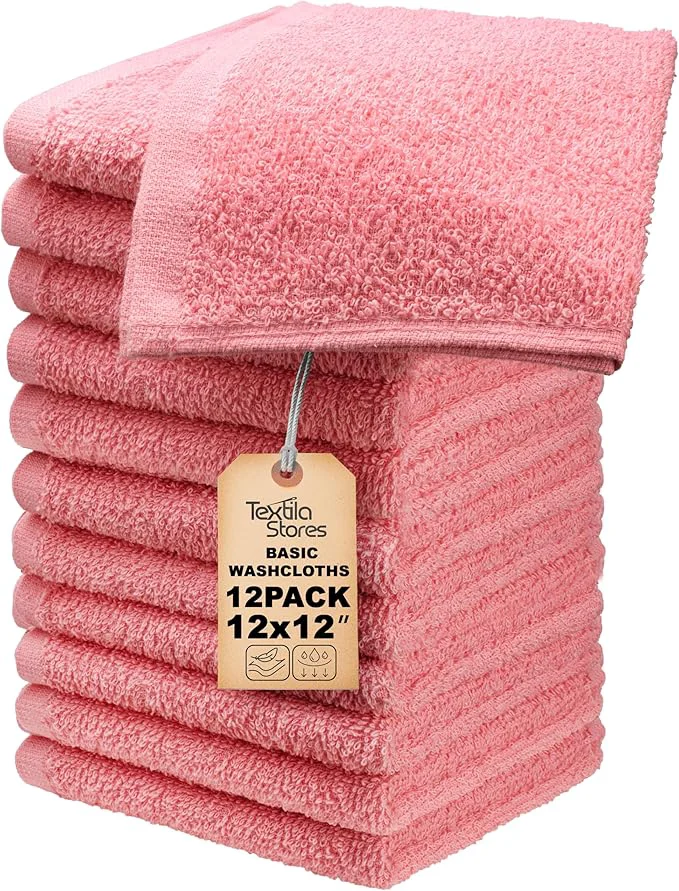 Traditional Basic Wash Cloths 12x12 Inches – Pack of 12 – Rose Pink Color – Soft and Relaxed