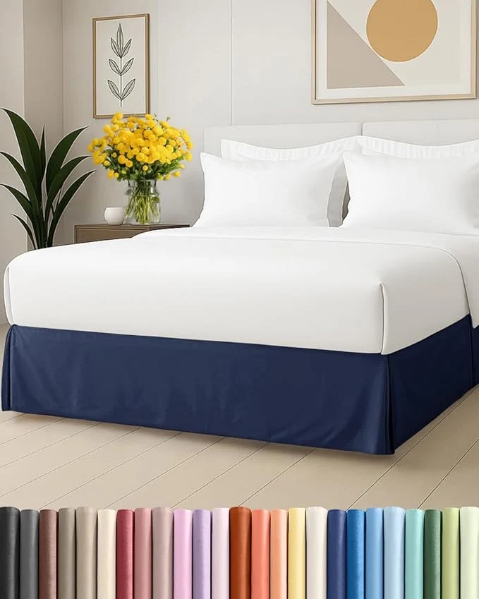 Premium Pleated Bed Skirt Queen Size - 3 Sided Pleated Bed Skirt Queen - Ultra-Soft Easy Fit with 18 Inch Tailored Drop - Hotel Quality Wrinkle amp Fade Resistant - for Women Men Kids and Teens - Navy Breathable