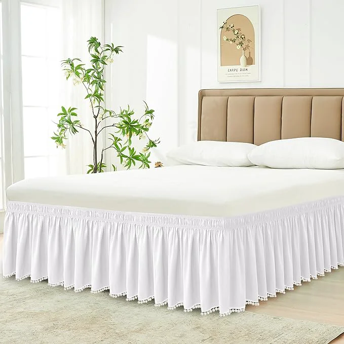 Natural Biscaynebay Queen Bed Skirt 15 inch Drop-White Dust Ruffle Bedskirt with Pompoms-Wrap Around Bed Skirting Easy Fit Elastic Strap-Silky Luxurious Fabric Wrinkle -for Women Men Kids Proven
