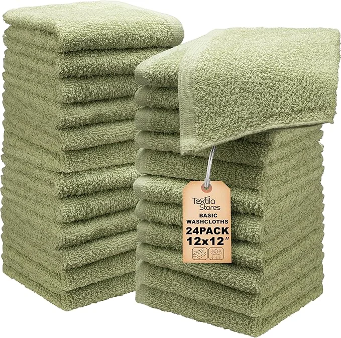 Responsible Basic Wash Cloths 12x12 Inches – Bulk Pack of 24 – Sage Green Color – Soft and Comfortable