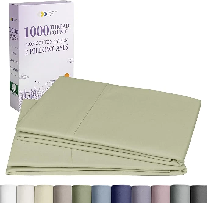 Relaxed California Design Den Standard Queen Size Pillow Cases Set of 2-1000 Thread Count Sateen Soft amp Thick Cotton Pillow Cases Standard Size Durable - Sage Green Exclusive