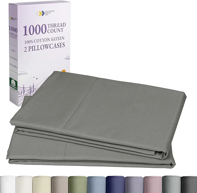 Contemporary California Design Den King Size Pillows Cases Set of 2-1000 Thread Count Sateen Soft and Thick Cotton Pillowcases King Durable - Grey Smooth