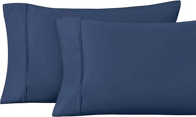 Modern 1200 Thread Count Egyptian Cotton Soft and Breathable 2-Piece Standard Pillowcase Set Solid Navy Blue Traditional
