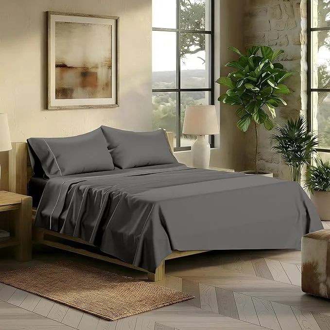 Green TEXAS LINEN CO. Egyptian Cotton Sheets Queen Size - 2000 Series Luxury Queen Bed Sheet Set Silky Soft Cooling Sateen Weave 17 Extra Deep Pocket Hotel Collection Sheets 4 Pc Dark Grey Classic