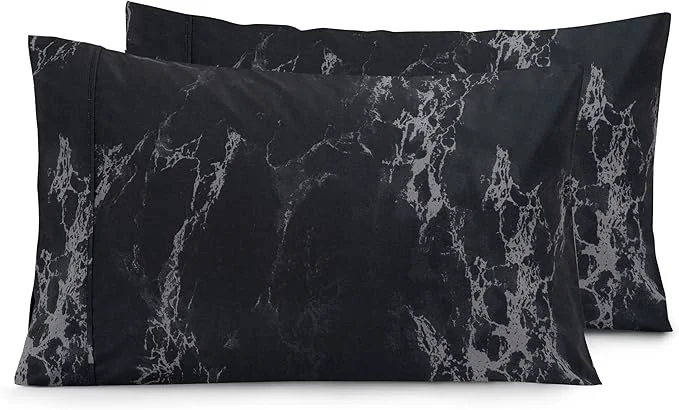 Fine Elegant Comfort Luxury Ultra-Soft 2-Piece Pillowcase Set - 1500 Premium Hotel Quality Microfiber Double Brushed - Wrinkle Resistant Standard Queen Marble Pattern Black Green