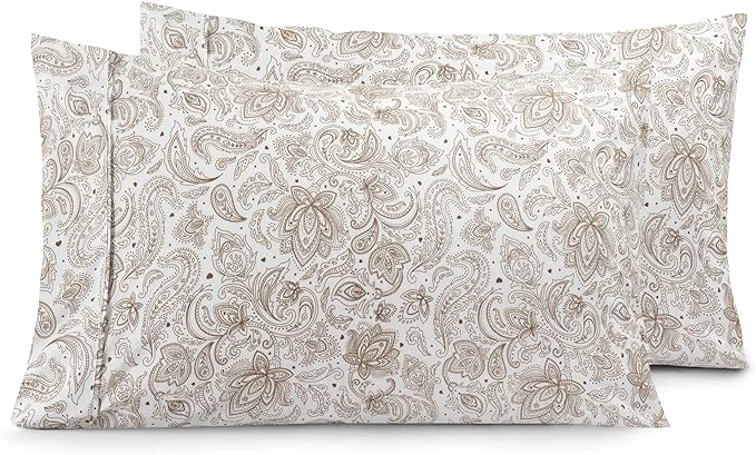 Fine Elegant Comfort Luxury Ultra-Soft 2-Piece Pillowcase Set - 1500 Premium Hotel Quality Microfiber Double Brushed - Wrinkle Resistant Standard Queen Paisley Pattern Taupe Specialty