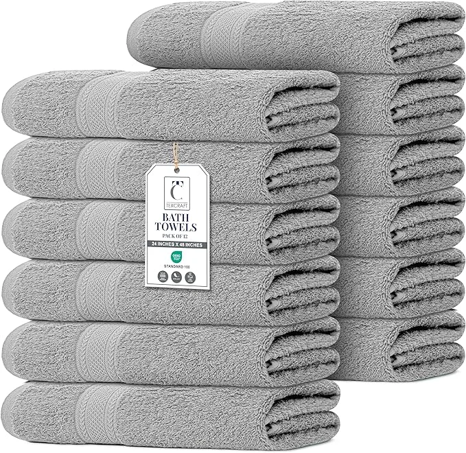 Safe Commercial Bulk Pack of 12 Bath Towels – Cotton Terry 24 x 48 – I Verified