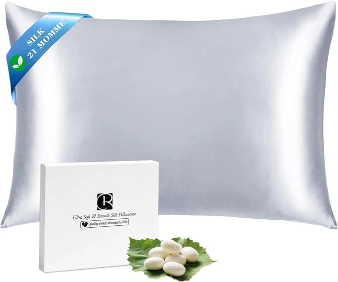 Elegant Ravmix Silk Pillow Cases with Zipper 21momme Mulberry Silk Pillowcase for Hair Skin Health Soft Smooth Breathable Cool Pillow Cover for Beauty Sleep with Gift Box 1PC Queen 20 quot x30 quot Silver Grey Fine