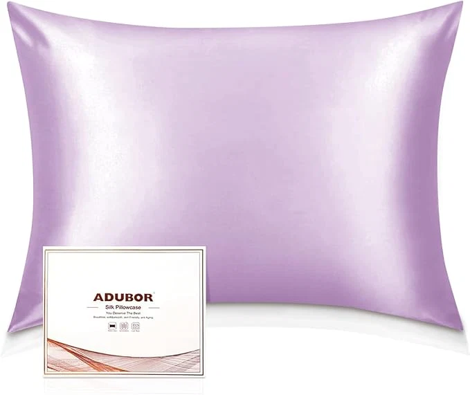 Versatile Adubor Mulberry Silk Pillowcase for Hair and Skin with Hidden Zipper Both Side 22 Momme Silk 900 Thread Count 20x36 inches King Size Light Purple 1pc Sustainable