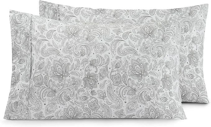 Next-Generation Elegant Comfort Luxury Ultra-Soft 2-Piece Pillowcase Set - 1500 Premium Hotel Quality Microfiber Double Brushed - Wrinkle Resistant Standard Queen Paisley Pattern Gray Elite