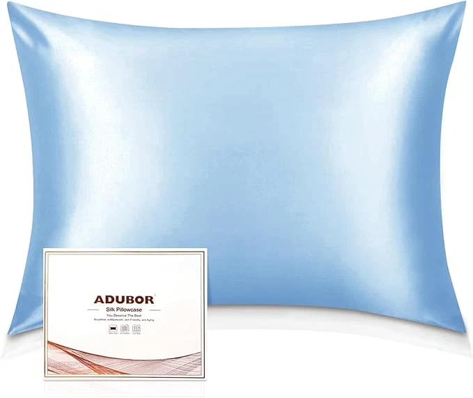 Optimized Adubor Mulberry Silk Pillowcase for Hair and Skin with Hidden Zipper Both Side 23 Momme Silk 900 Thread Count 20x36inch King Size Sky Blue 1pc Easy-to-Use