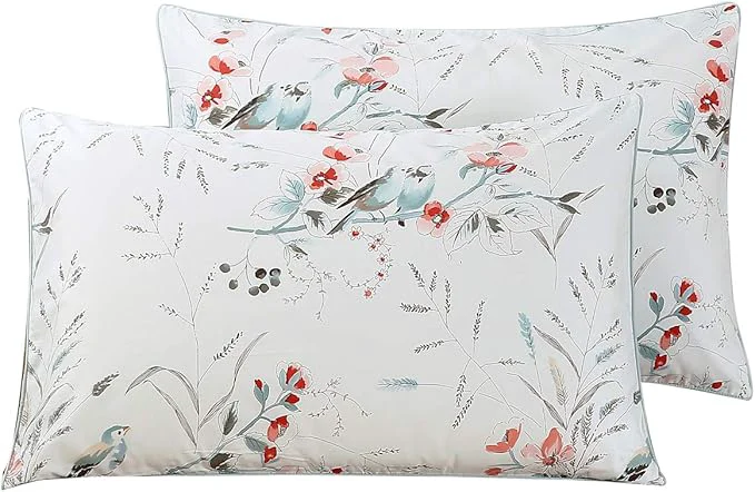 Top-Quality WINLIFE Cotton Pillowcases King Set of 2 Floral Birds Printed on White King Pillow Cases 2 Soft and Envelope Pillow Case King Size 20x36 inches Clean