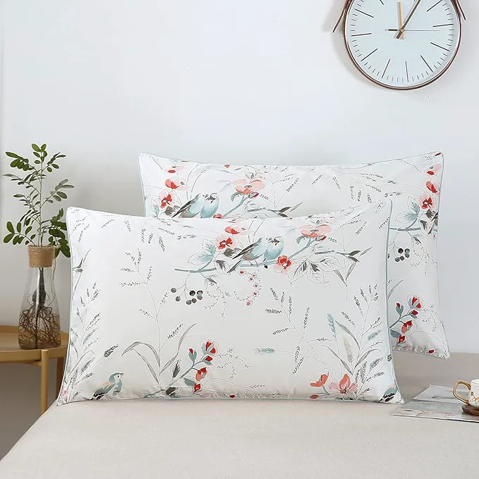 Modern WINLIFE Cotton Pillowcases Garden Floral Birds Printed on White Pillow Cases Pillow Cover Set of 2 Standard 20x26 inches Birds Floral Verified