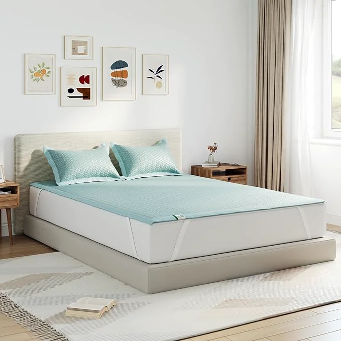 Relaxed Novilla Summer Sleeping Pad King Size 1 Cooling Mat 2 Pillowcases Sleeping Mat for 8-21 quot Mattress Elastic Bandage Washable amp Breathable Mattress Pad for Hot Sleepers Blue Enhanced