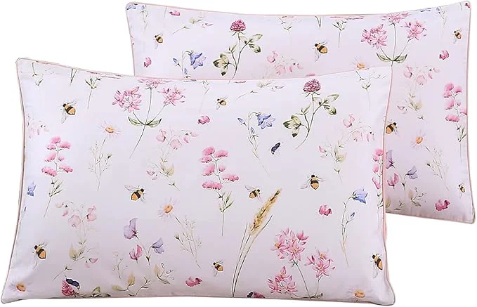 Genuine WINLIFE Cotton Pillowcases Queen Size Pink Floral Bees Printed Pillow Cover 2 Pack Super Soft Envelope Closure Queen Pillow Case Set Queen 20 quot x30 quot Flexible