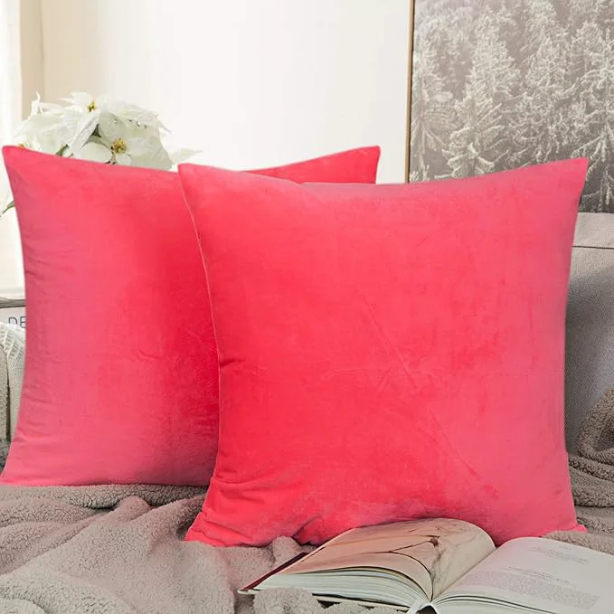 High-Grade NTBAY Zippered Velvet Square Throw Pillow Covers 2 Pack Soft and Luxury Decorative Cushion Cases 18x18 Inches Hot Pink Stylish