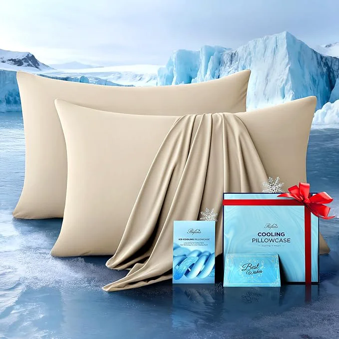 Smooth Ultra-Chill Cooling Pillowcase Set of 2 for Hot Sleepers Softer Than Silk Pillow Cases for Protecting Hair amp Skin Breathable Bed Pillow Covers w Zipper Gifts for Women Men Beige Queen Secure