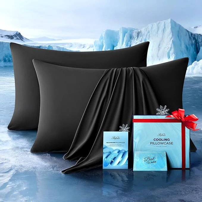 Artisan Ultra-Chill Cooling Pillowcase Set of 2 for Hot Sleepers Softer Than Silk Pillow Cases for Protecting Hair amp Skin Breathable Bed Pillow Covers w Zipper Gifts for Women Men Black Standard Official
