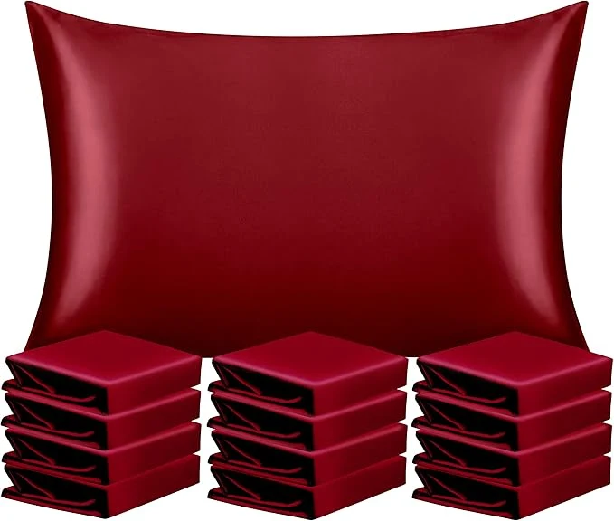 Top-Quality NTBAY 12 Pack Satin Standard Pillowcases for Hair and Skin Luxurious and Silky Pillow Cases with Envelope Closure 20 x 26 Inches Wine Red Eco-Friendly