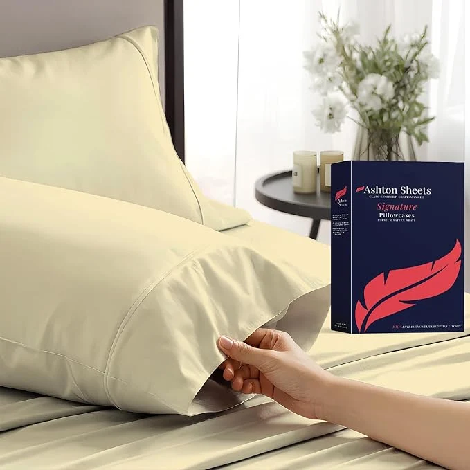 Eco-Friendly Ashton Sheets Egyptian Cotton Pillow Cases King Size Set of 2 - Luxury 1200 Thread Count Sateen Beige Pillow Covers Silky Soft amp Cooling Extra Long Staple Pillowcases Fits King Size Pillows Sustainable