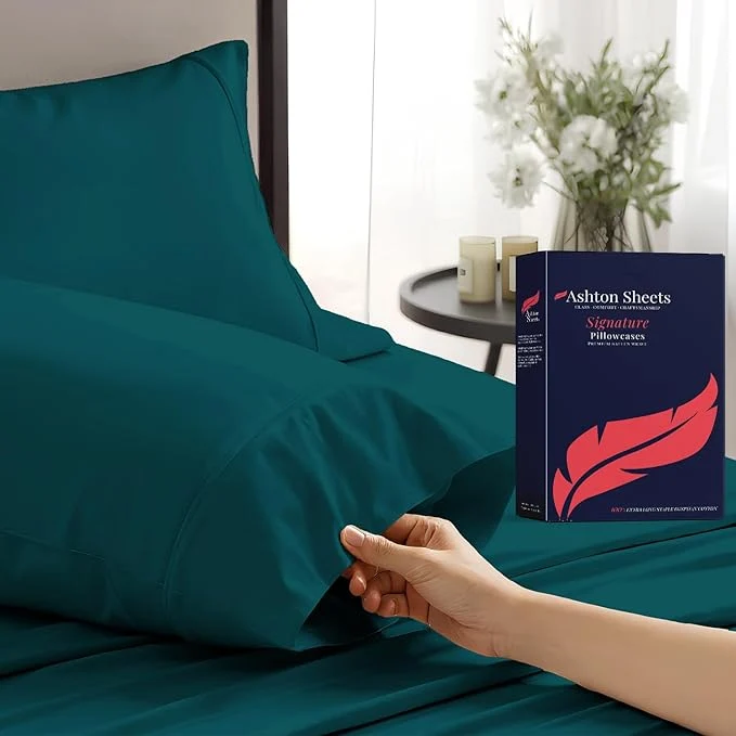 Original Design Ashton Sheets Egyptian Cotton Pillow Cases King Size Set of 2 - Luxury 1200 Thread Count Sateen Weave Teal Pillow Covers Soft amp Breathable Extra Long Staple Pillowcases Fits King Size Pillows Practical