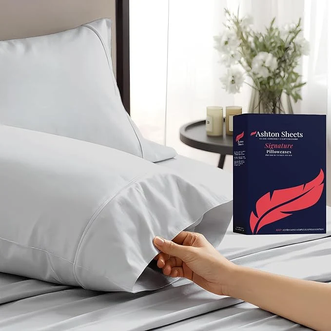 Outstanding Ashton Sheets Egyptian Cotton Pillow Cases King Size Set of 2 - Luxury 1200 Thread Count Sateen Weave Light Grey Pillow Covers Silky Soft Extra Long Staple Pillowcases Fits King Size Pillows Safe