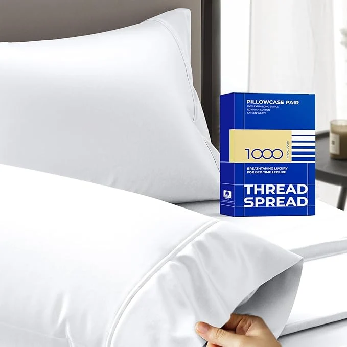High-Performance Thread Spread Egyptian Cotton Pillow Cases Queen Size Set of 2 - Luxury 1000 Series Paradise Collection Queen Pillow Cases White Soft Cooling Sateen Hotel Egyptian Cotton Pillowcases Professional