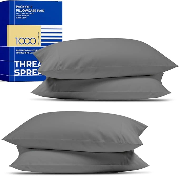 Expertly Made Thread Spread Egyptian Cotton King Size Pillow Cases Set of 4 - Luxury 1000 Series Paradise Collection Pillow Cases King Size Pack of 2 Dark Grey Soft Hotel Egyptian Cotton Pillowcases Recyclable