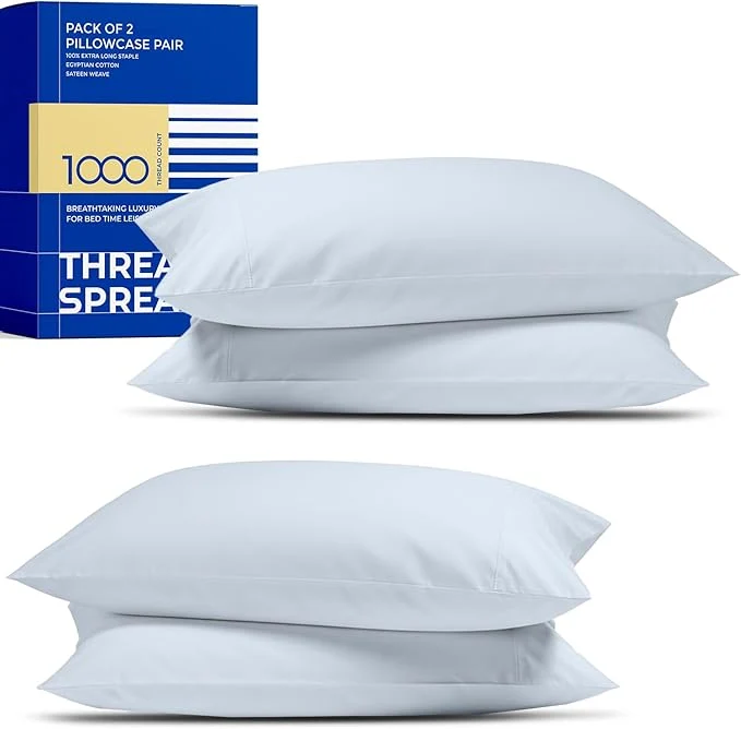 Exclusive Thread Spread Egyptian Cotton King Size Pillow Cases Set of 4 - Luxury 1000 Series Paradise Collection Pillow Cases King Size Pack of 2 Light Blue Cooling Hotel Egyptian Cotton Pillowcases Fashionable